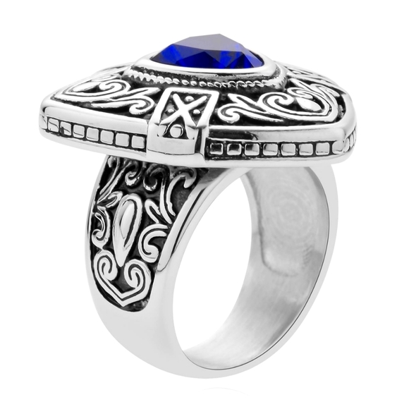 Blue Simulated Diamond Filigree Shield Ring in Black Oxidized S-Steel Sz 10 - Picture 2 of 6